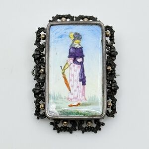Victorian 18k gold sterling silver Hand Painted porcelain brooch - GM577